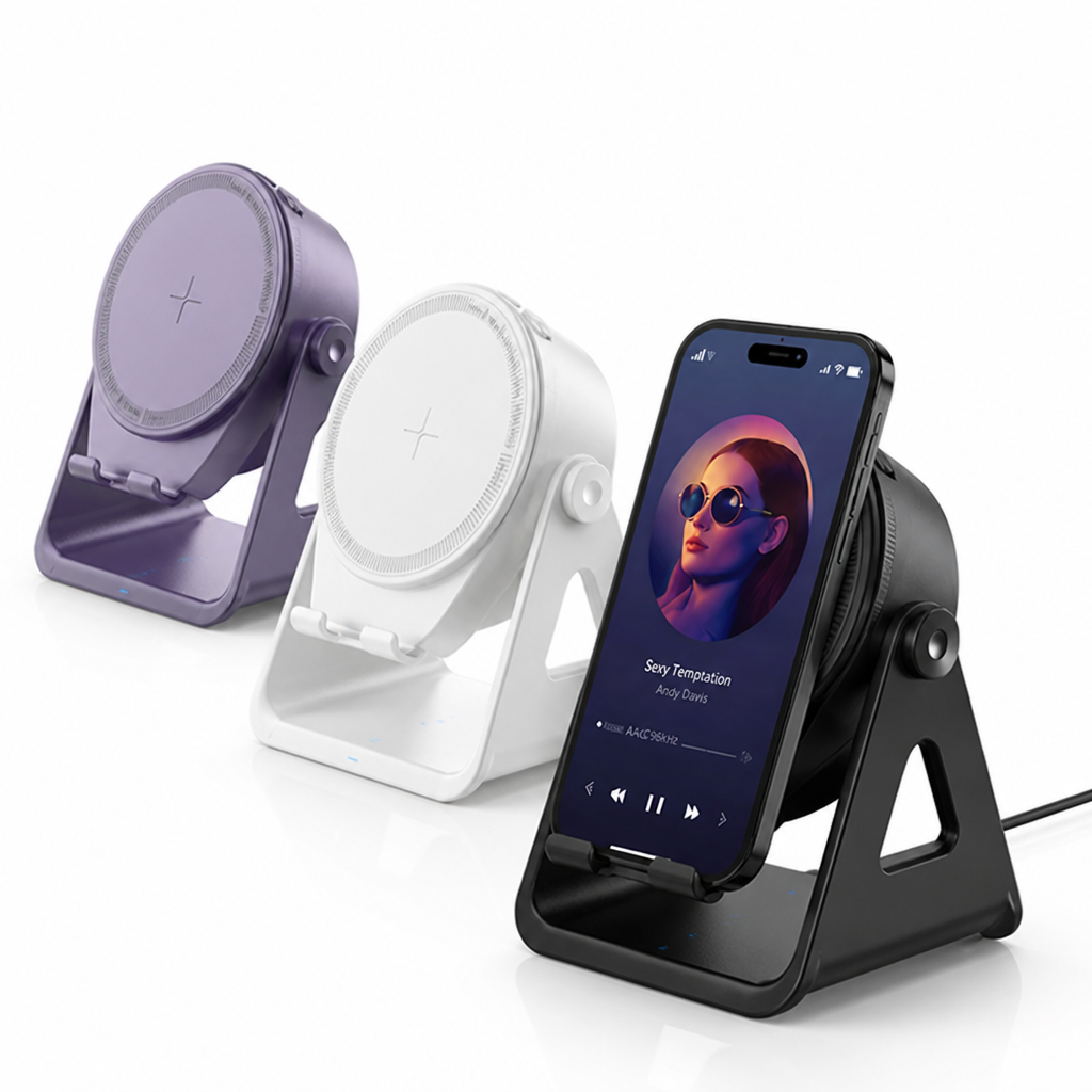 Speaker en telefoonhouder samen op een bureau