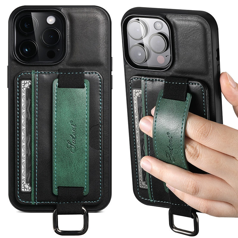 iPhone hoesje van PU-leer met kaartvak en polsband