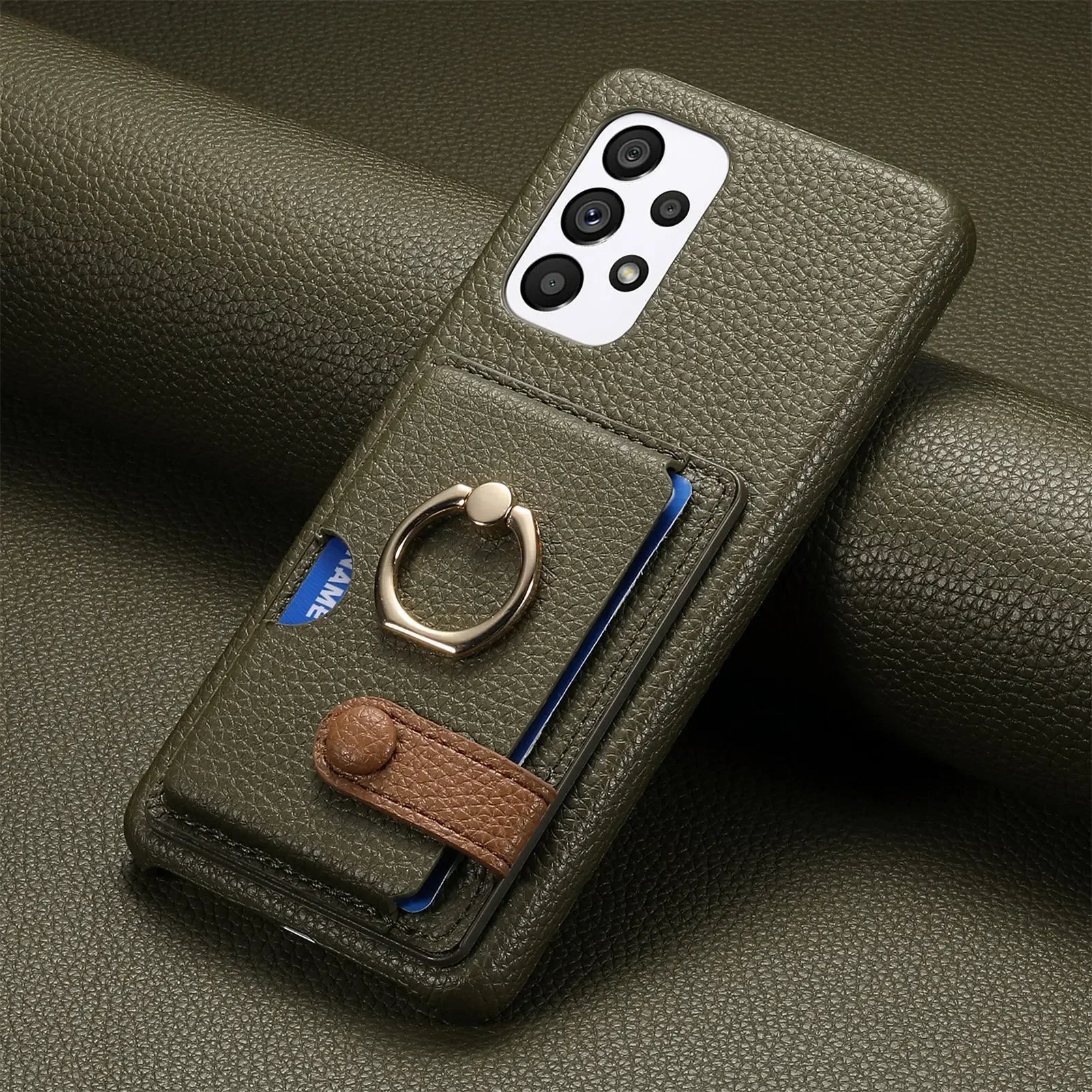Achterzijde van het lerenlook telefoonhoesje met ruimte voor pasjes